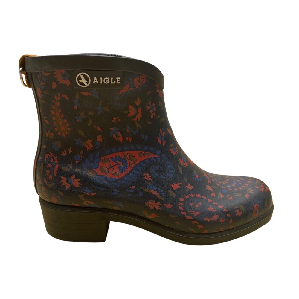 Aigle Women’s Blue & Multicolor Flowers Rubber Paisley Print Rain Boots Size US8